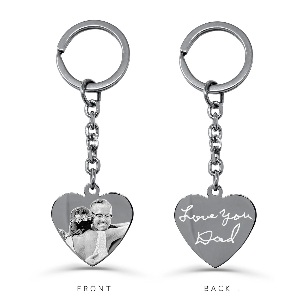 Personalized father daughter heart keychain with wedding photo engraving on the front and handwritten “Love You Dad” message on the back