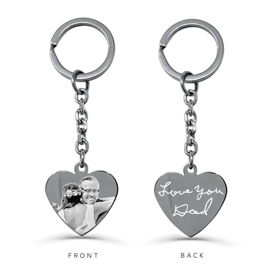 Personalized father daughter heart keychain with wedding photo engraving on the front and handwritten “Love You Dad” message on the back
