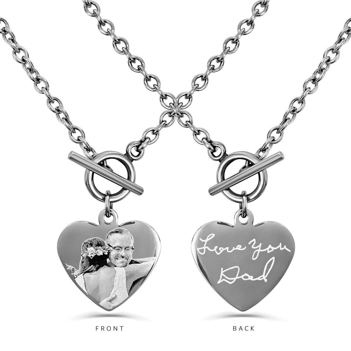 Personalized toggle clasp heart necklace with custom photo engraving on the front and handwritten “Love You Dad” message engraved on the back