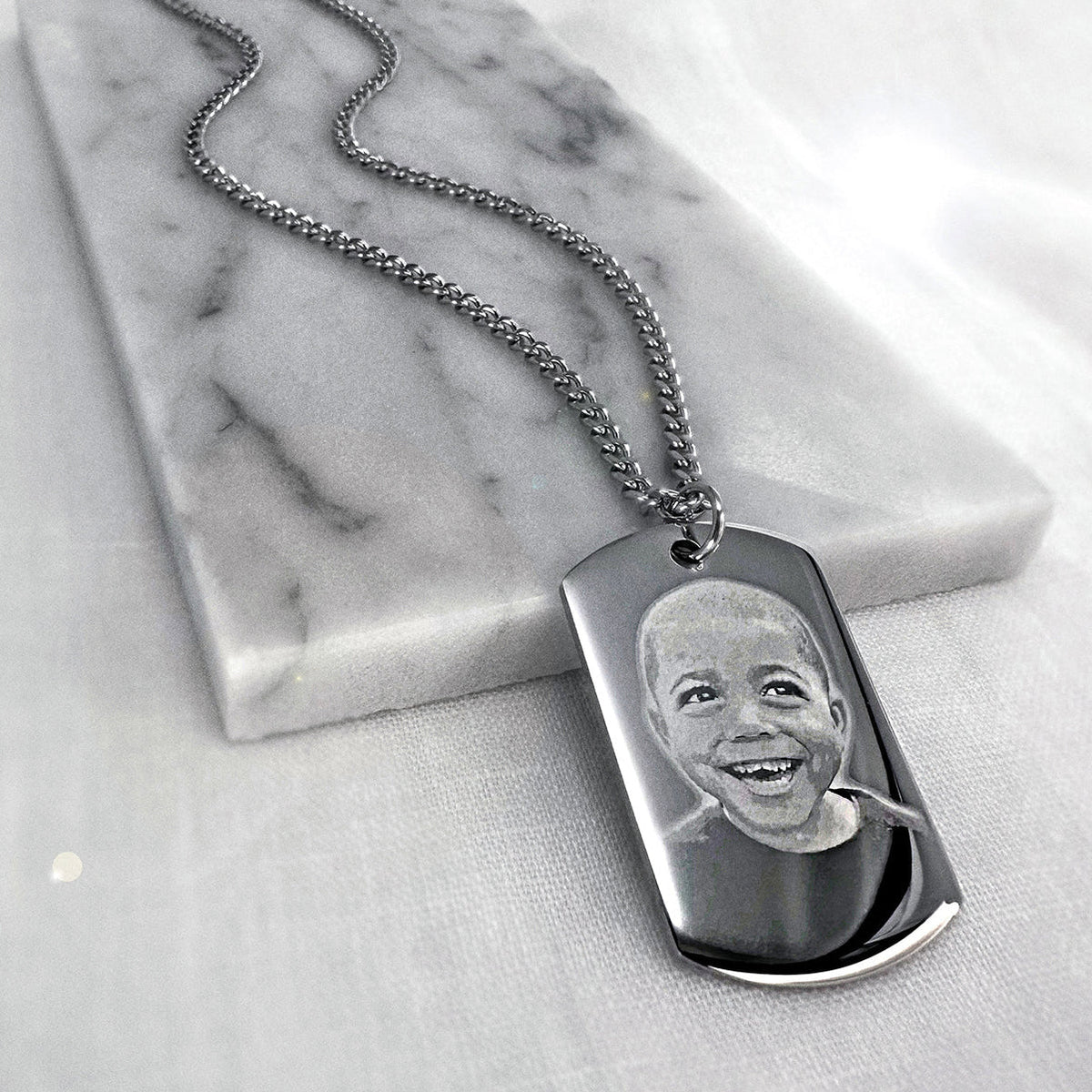 Personalized small stainless-steel dog tag necklace with custom child photo portrait engraving