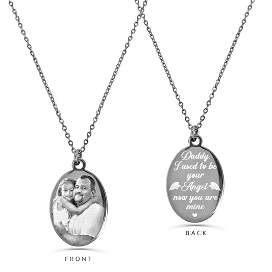 Personalized father and daughter oval necklace with custom photo on the front and Daddy memorial message on the back