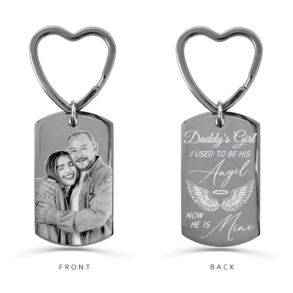 Personalized Daddy’s Girl memorial dog tag keychain with custom father-daughter portrait on the front and angel message on the back