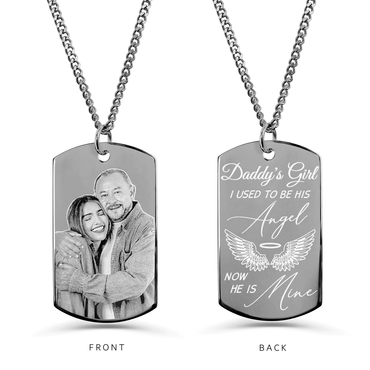 Personalized Daddy’s Girl memorial dog tag necklace with father daughter photo and angel wings message