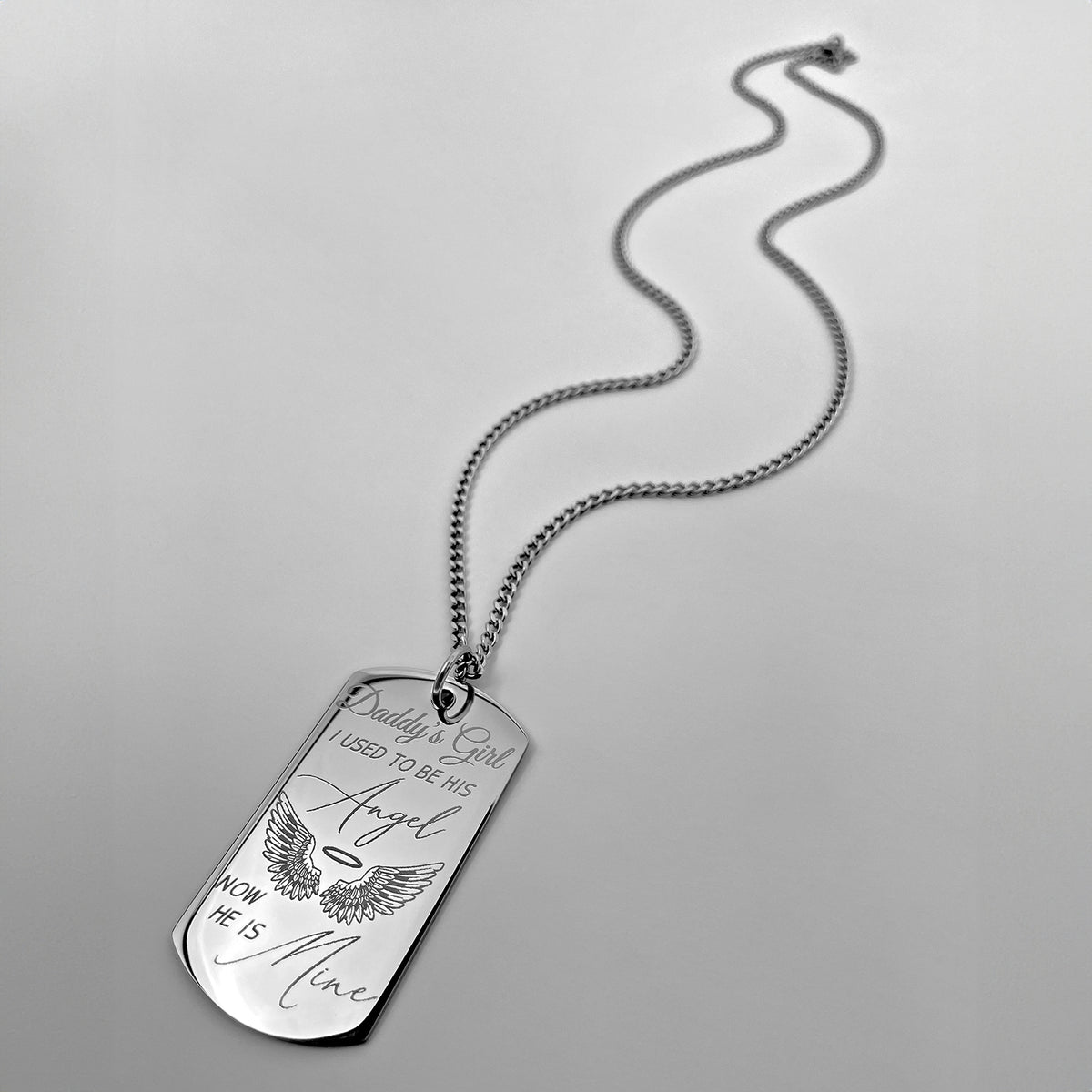 Daddy’s Girl memorial dog tag necklace displayed with “I used to be his angel, now he is mine” engraving