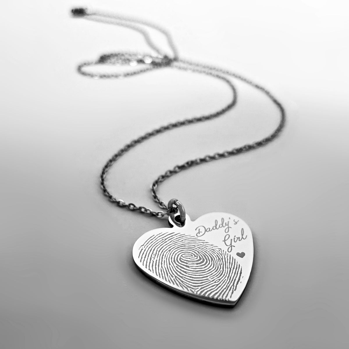 Dad memorial heart necklace with custom fingerprint engraving and personalized Daddy’s Girl handwriting message