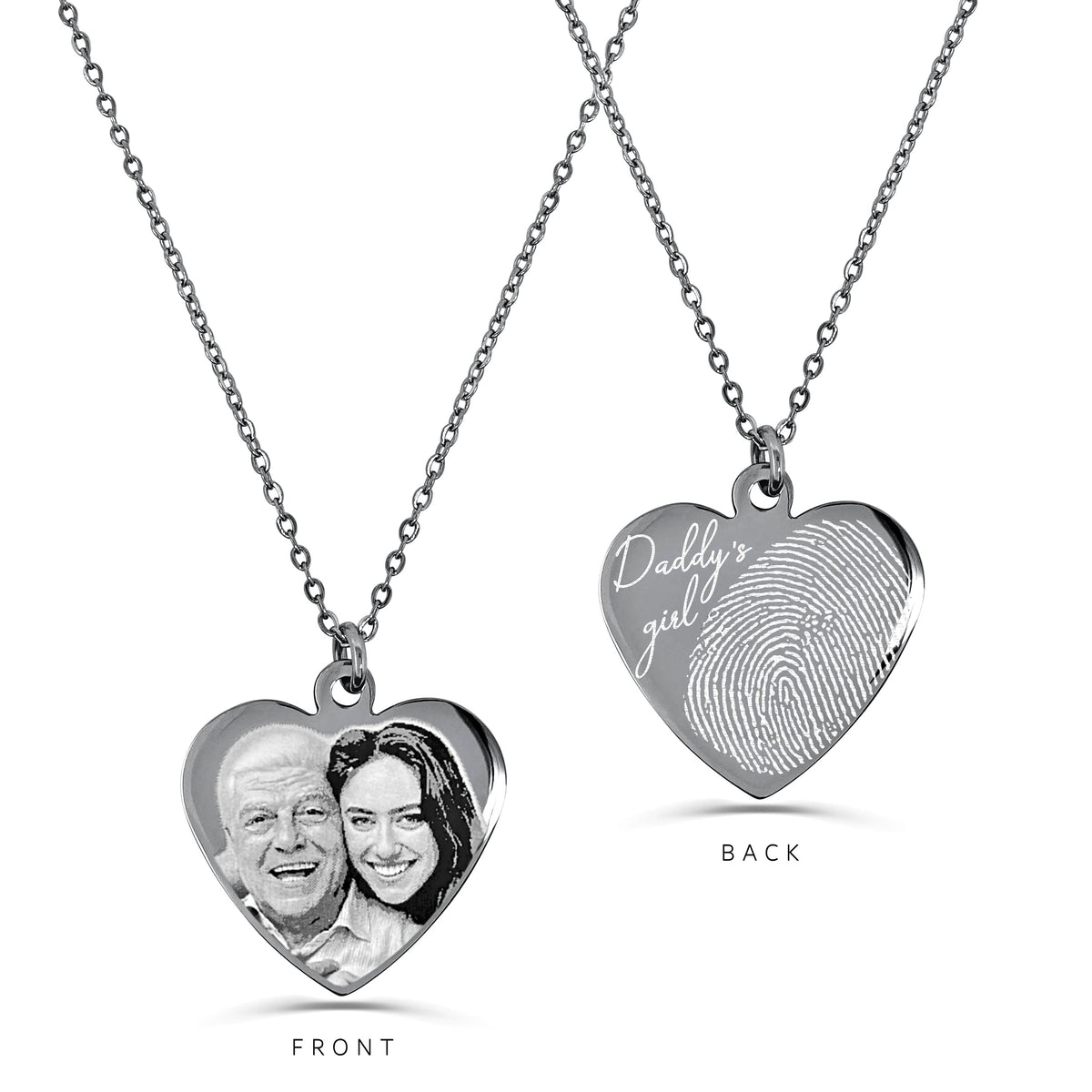 Personalized Dad memorial heart necklace with custom photo engraving on the front and fingerprint with Daddy’s Girl wording on the back