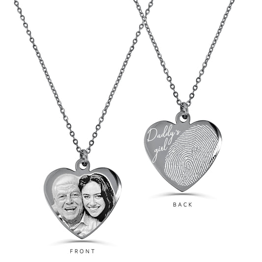 Personalized Dad memorial heart necklace with custom photo engraving on the front and fingerprint with Daddy’s Girl wording on the back
