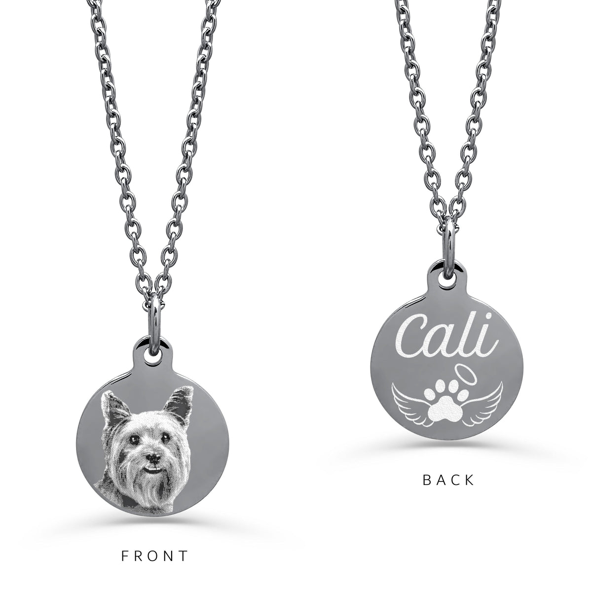 A silver round pendant necklace on a white background, labeled FRONT and BACK. The front shows a personalized photo of a small dog, and the back shows a custom name in script above a paw print with wings.