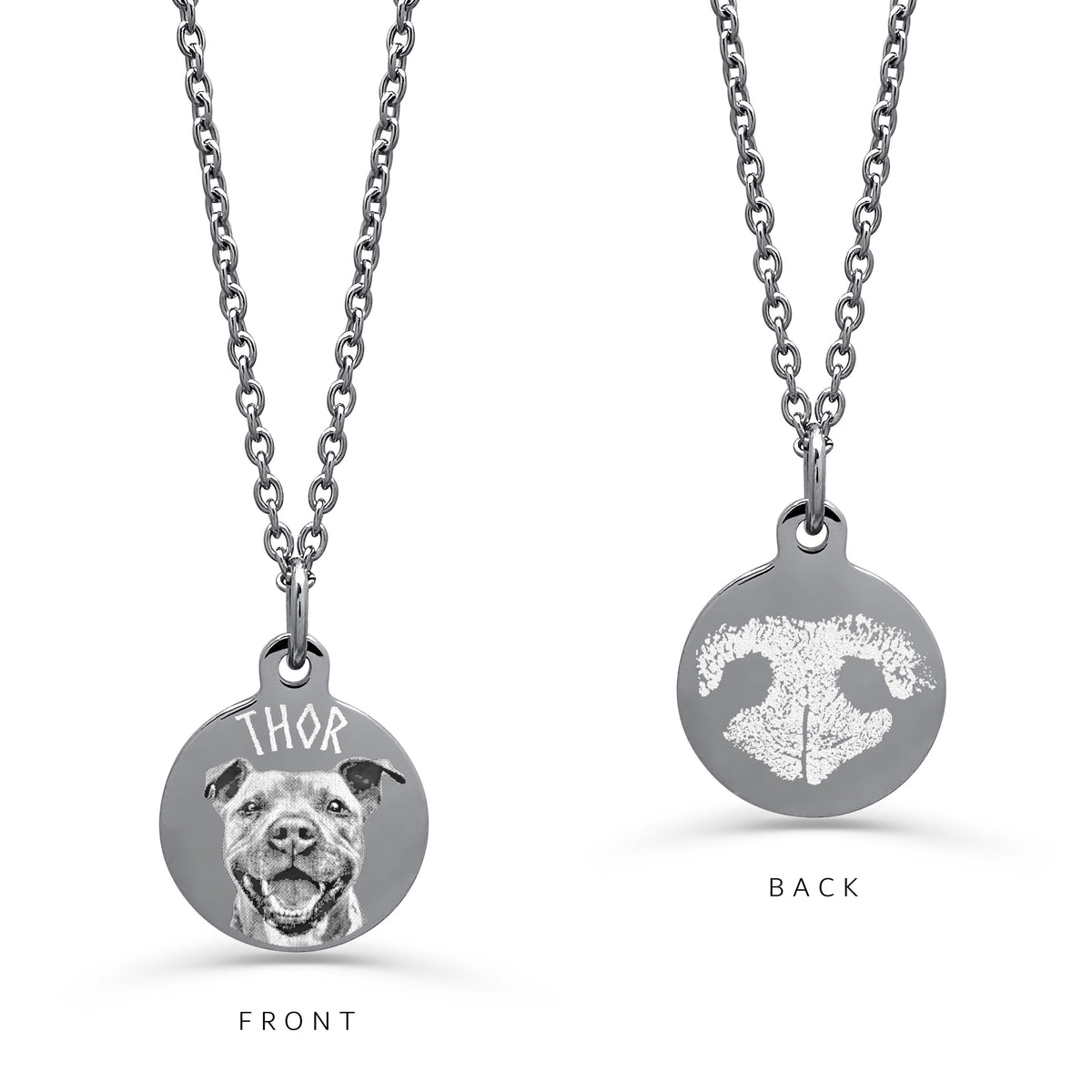 A silver necklace shown from both sides on a white background. The front side features a round pendant with a detailed personalized portrait of a dog and a custom name engraved above it. The other side displays an actual engraved nose print.