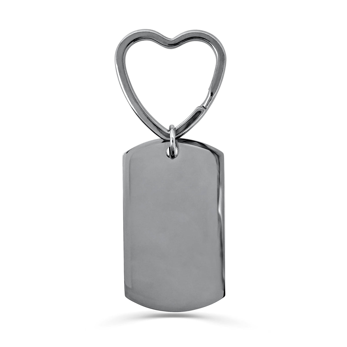 Blank dog tag keychain with heart-shaped keyring on a white background, ready for personalization