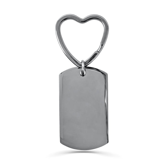 Blank dog tag keychain with heart-shaped keyring on a white background, ready for personalization