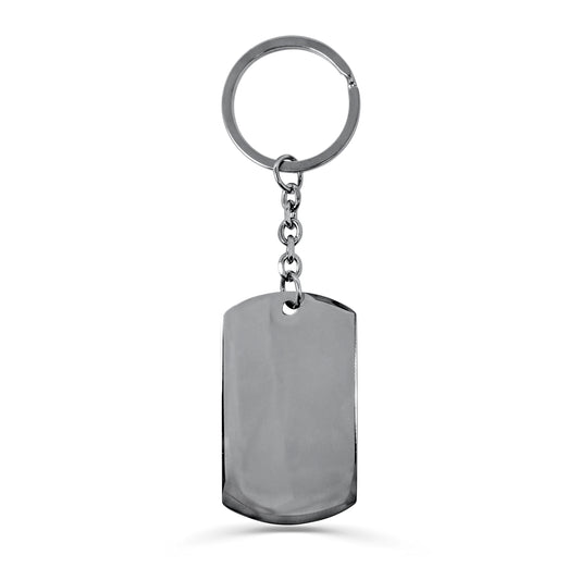 Blank dog tag keychain with round keyring on a white background, ready for custom photo, fingerprint, handwriting, or message engraving