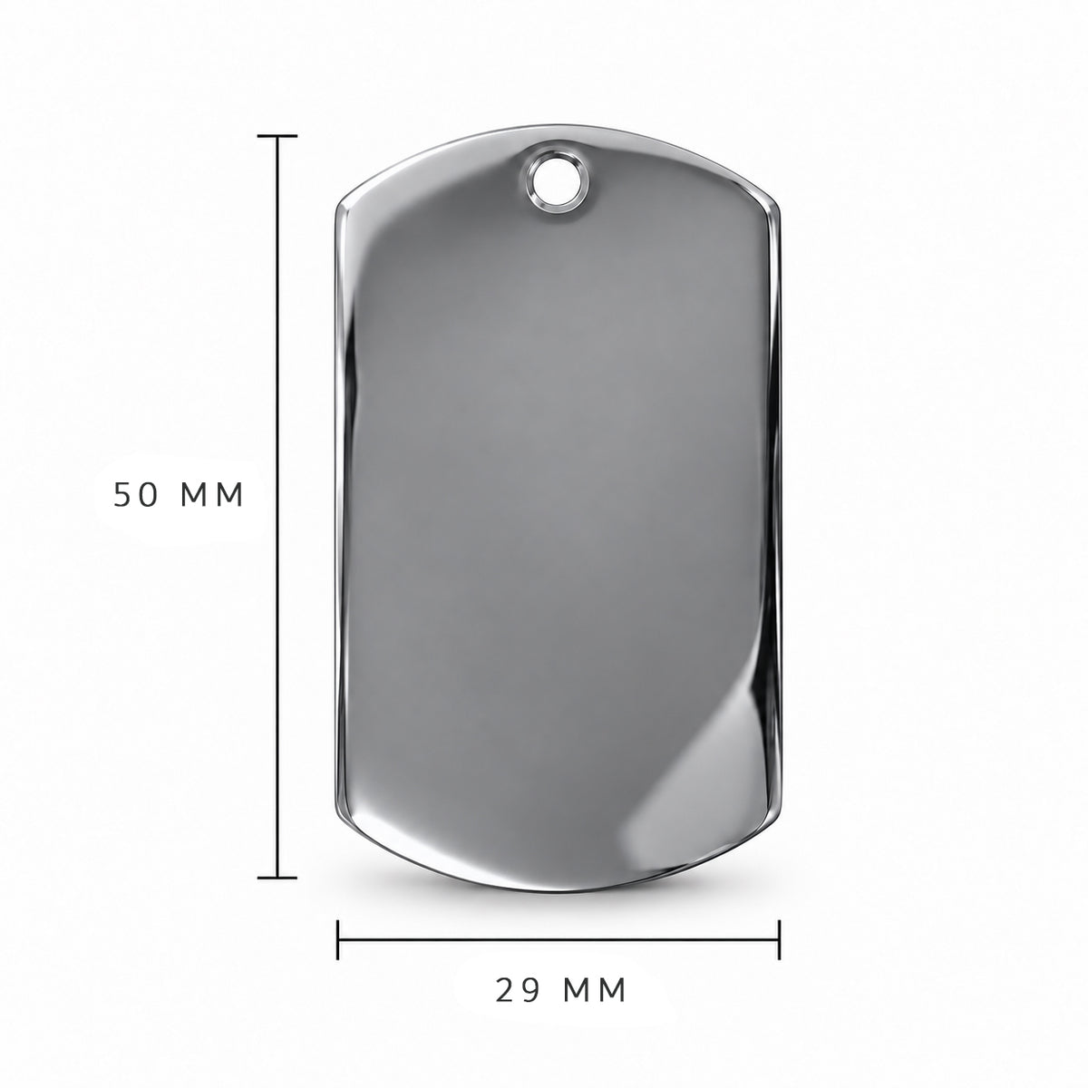Dog tag keychain size guide showing 50 mm height and 29 mm width