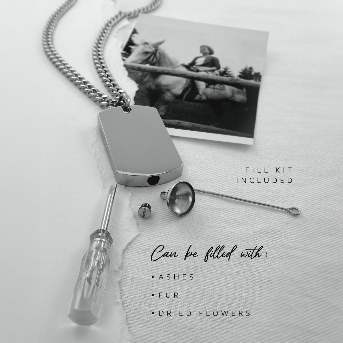 Dog tag urn pendant with fill kit with funnel, pin, screw, and keepsake compartment for ashes, fur, hair, or dried flowers