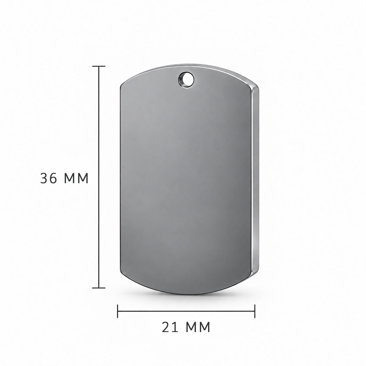 Dog tag urn keychain size guide showing 36 mm by 21 mm pendant dimensions