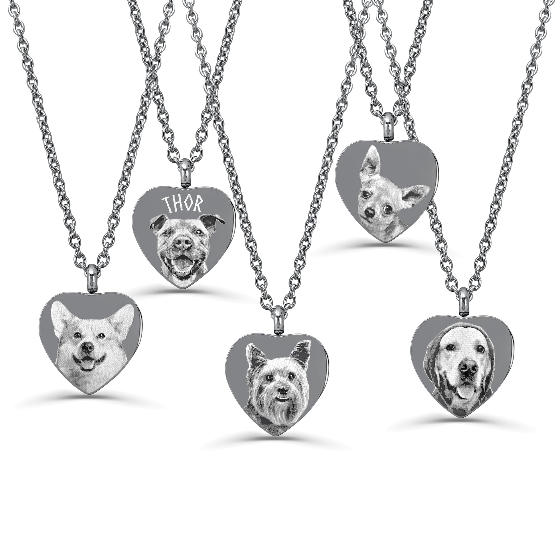 Personalized dog cremation urn necklaces showing custom pet portraits, names, and memorial engraving variations.