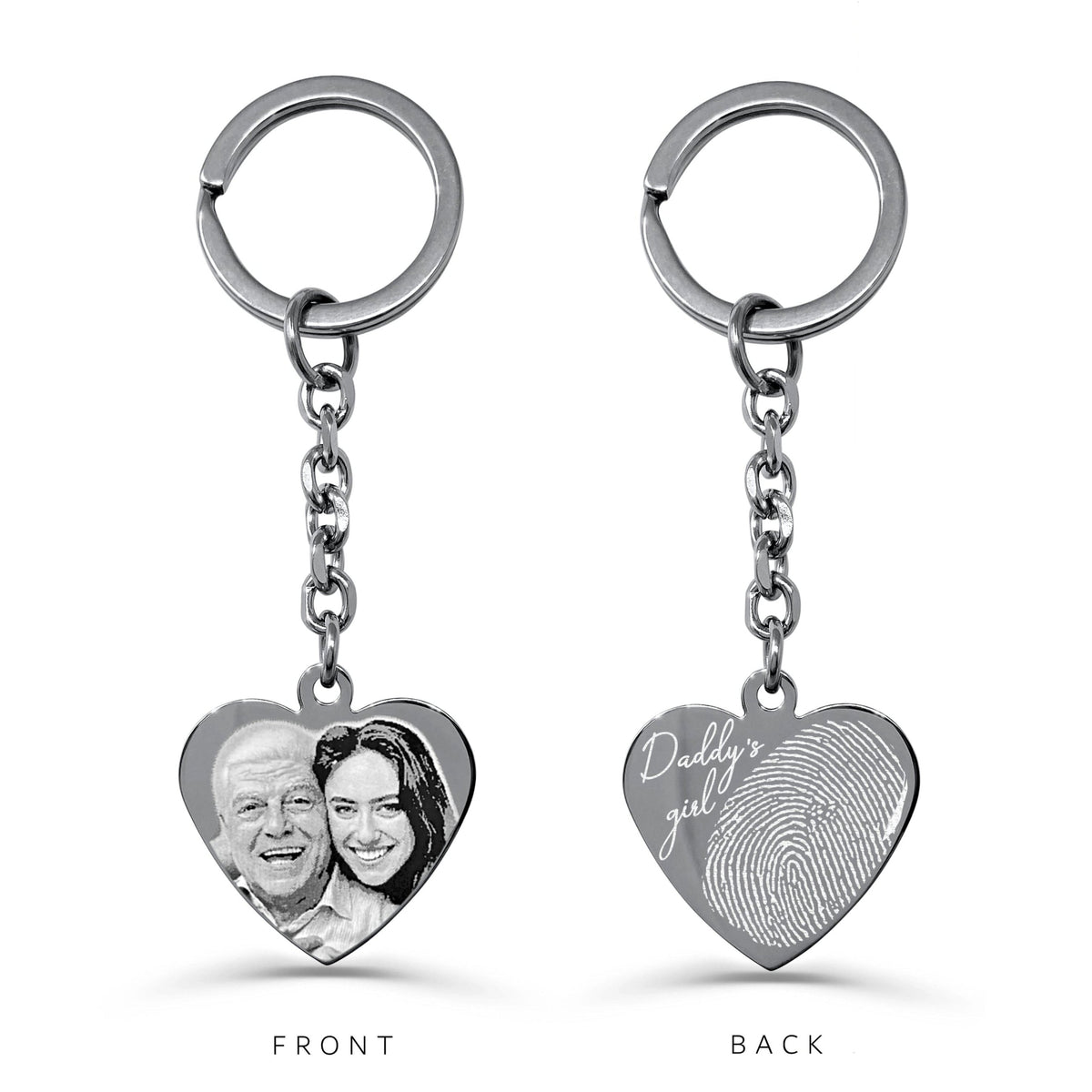 Personalized Daddy’s Girl heart keychain with custom photo on the front and an actual fingerprint and handwriting engraving on the back