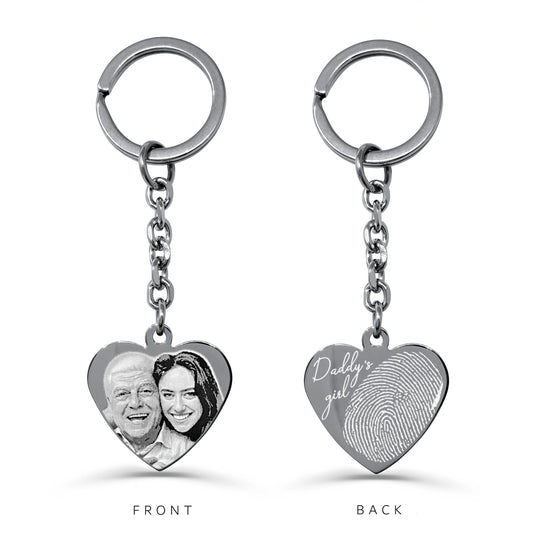Personalized Daddy’s Girl heart keychain with custom photo on the front and an actual fingerprint and handwriting engraving on the back