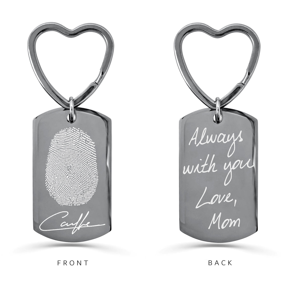 Personalized fingerprint dog tag keychain with heart-shaped keyring, custom fingerprint and signature on the front, and “Always with you, Love, Mom” handwriting on the back