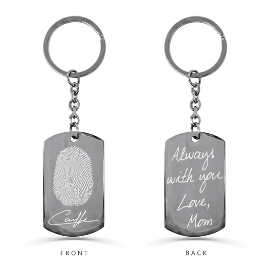 Custom fingerprint and handwriting dog tag keychain with round keyring showing fingerprint and signature on the front and “Always with you, Love, Mom” on the back