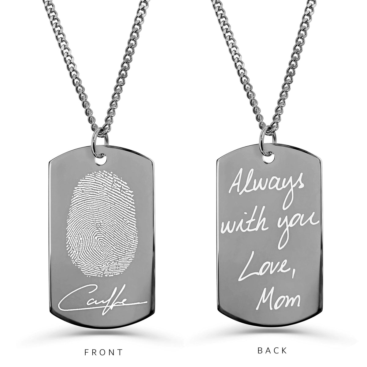 Custom fingerprint dog tag necklace showing fingerprint and signature on the front and handwritten message on the back