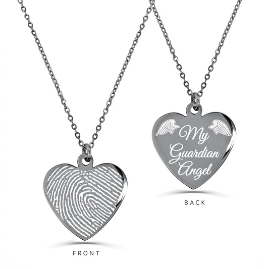 Personalized memorial heart necklace with full fingerprint engraving on the front and “My Guardian Angel” with angel wings on the back