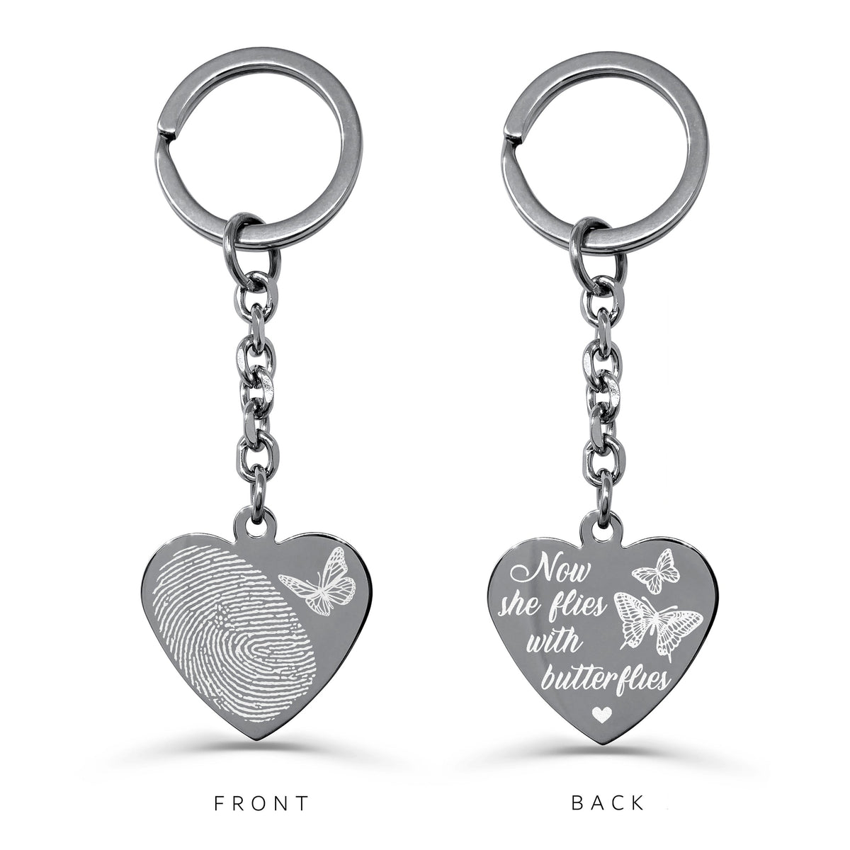 Personalized fingerprint memorial heart keychain with butterfly design and “Now she flies with butterflies” engraving on the back