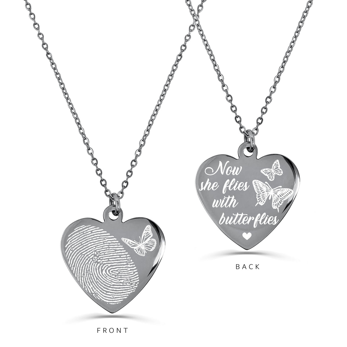 Personalized fingerprint memorial heart necklace with butterfly details on the front and custom engraving "Now she flies with butterflies" on the back