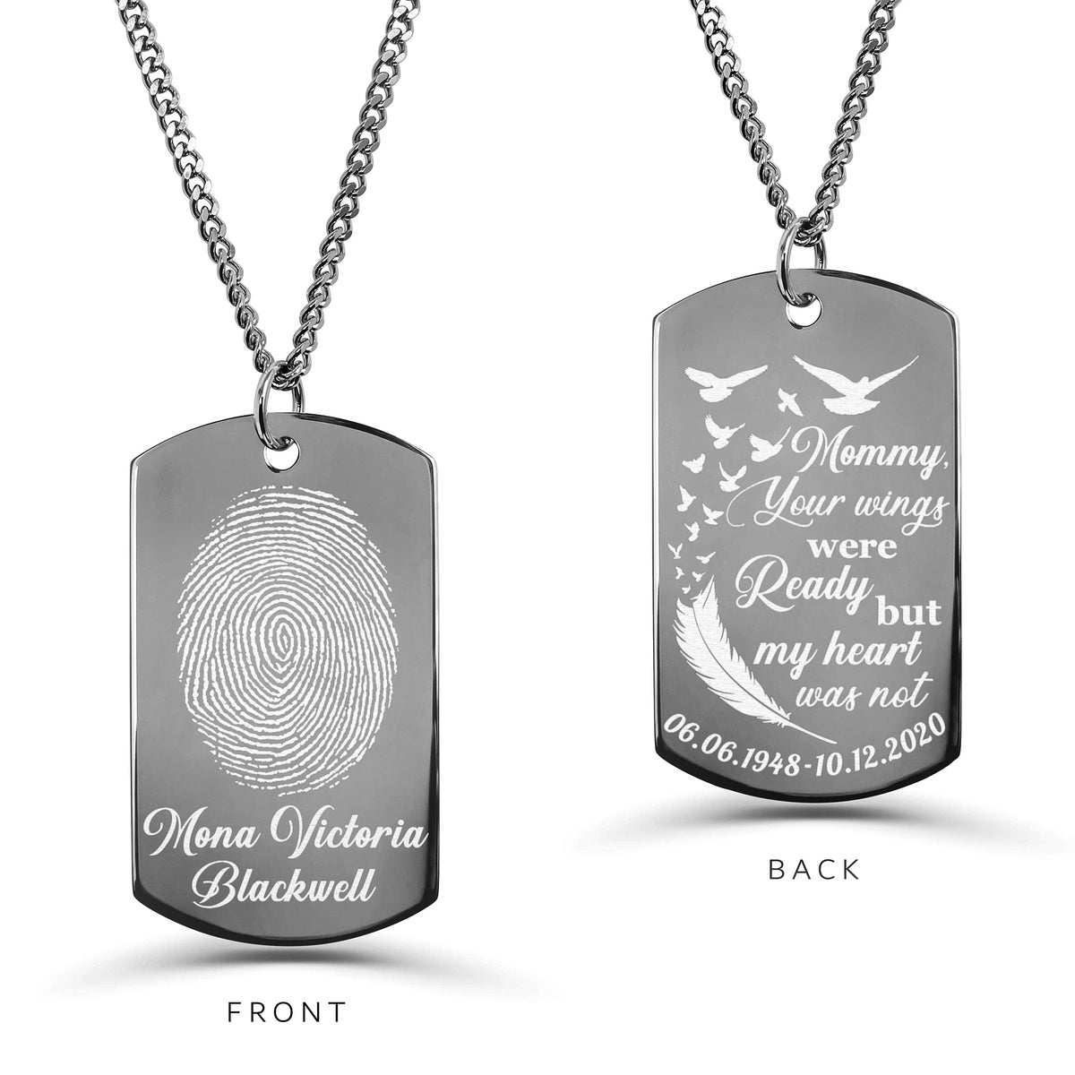 Personalized Mom fingerprint memorial dog tag necklace with custom name and “Your wings were ready but my heart was not” engraving