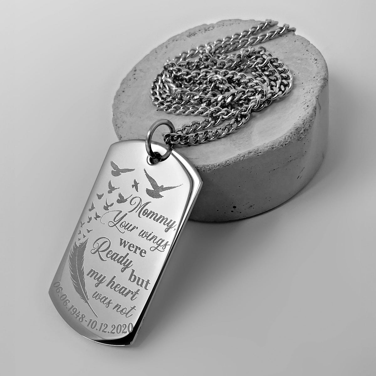 Mom memorial dog tag necklace close-up engraved with “Your wings were ready but my heart was not” and memorial dates