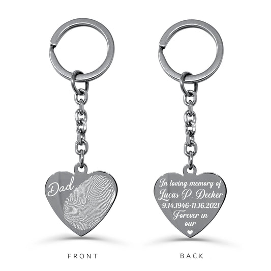 Custom fingerprint heart keychain showing personalized memorial name and dates on the back