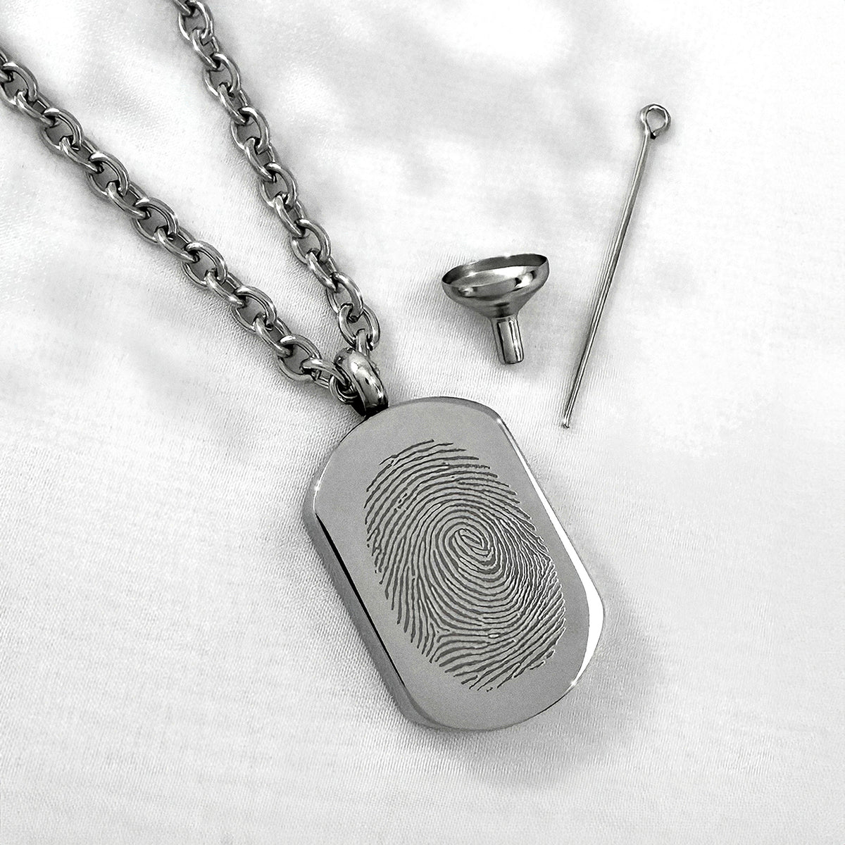 Personalized fingerprint small dog tag urn necklace with detailed custom thumbprint engraving