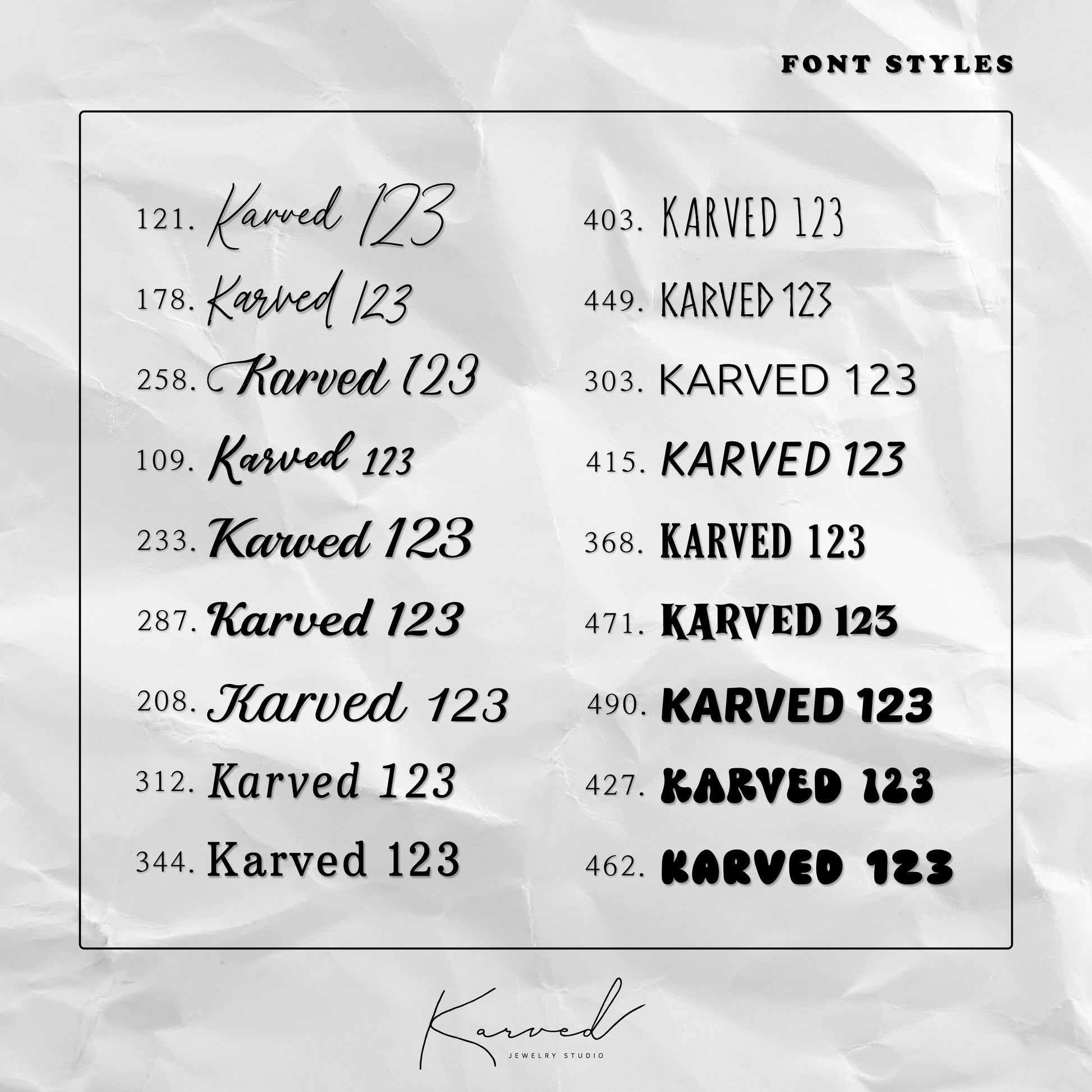 Font style chart showing script, serif, sans serif, and bold engraving font options for personalized jewelry.
