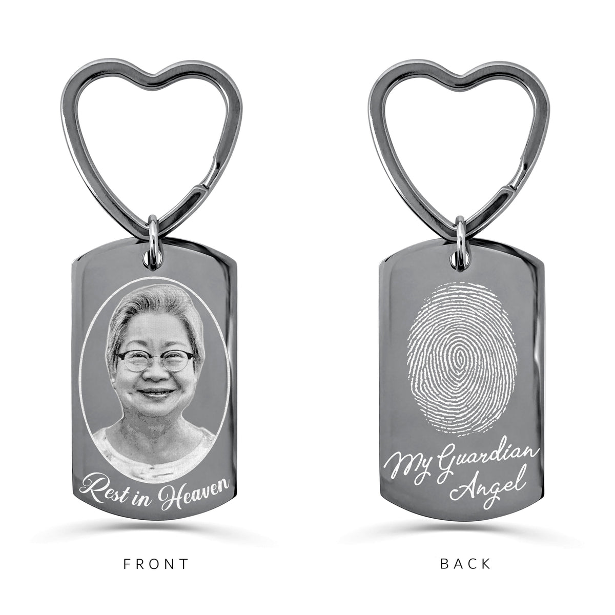 Personalized Grandma memorial dog tag keychain with heart-shaped keyring, custom photo portrait on the front and fingerprint with “My Guardian Angel” on the back