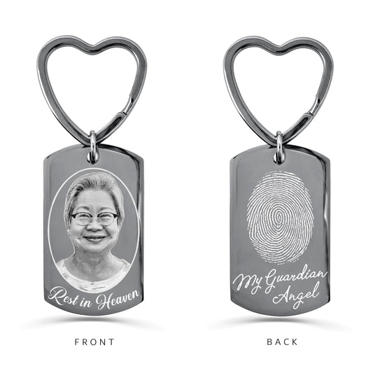 Personalized Grandma memorial dog tag keychain with heart-shaped keyring, custom photo portrait on the front and fingerprint with “My Guardian Angel” on the back