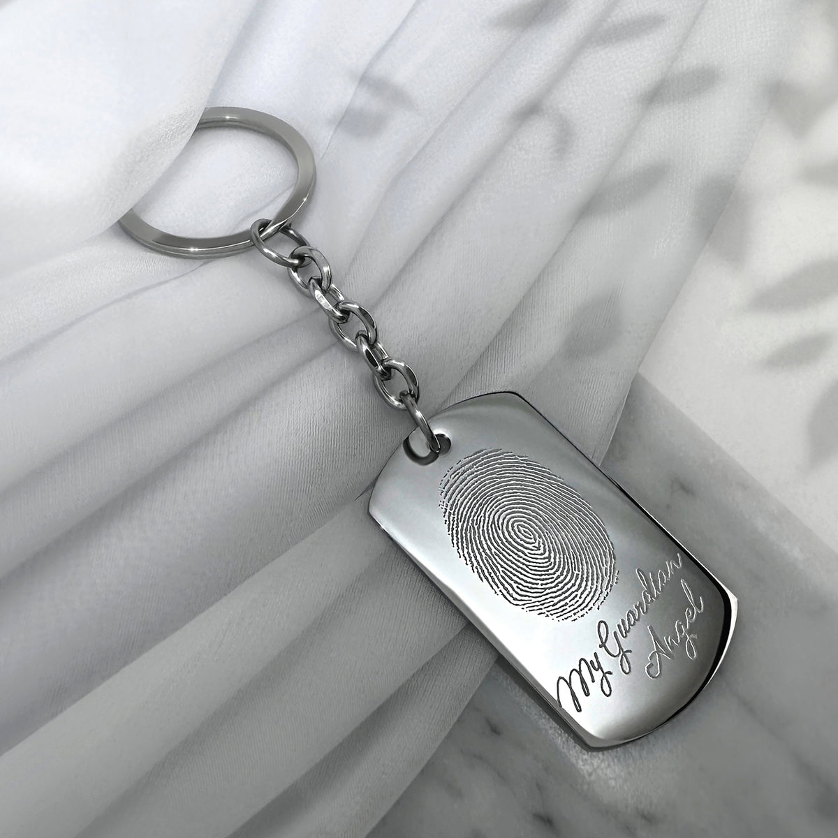 Grandma fingerprint memorial dog tag keychain with round keyring, custom fingerprint, and “My Guardian Angel” engraving