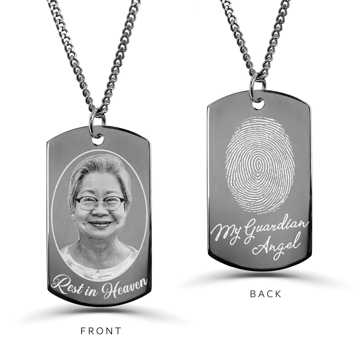 Personalized Grandma memorial dog tag necklace with photo on the front and fingerprint with “My Guardian Angel” on the back