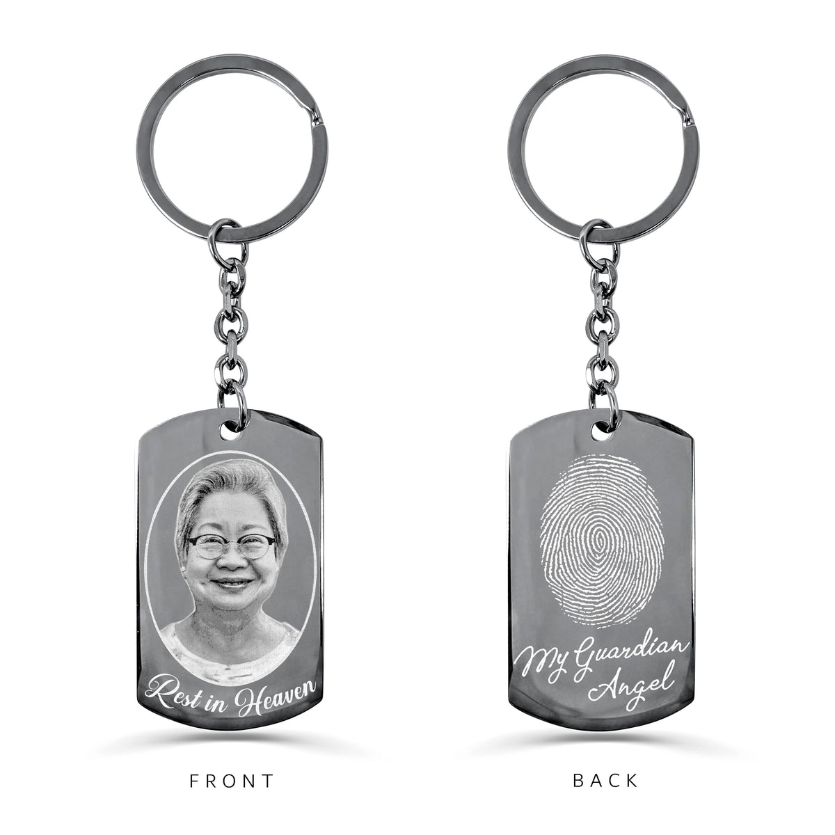 Personalized Grandma memorial dog tag keychain with round keyring showing custom photo portrait on the front and fingerprint with “My Guardian Angel” on the back