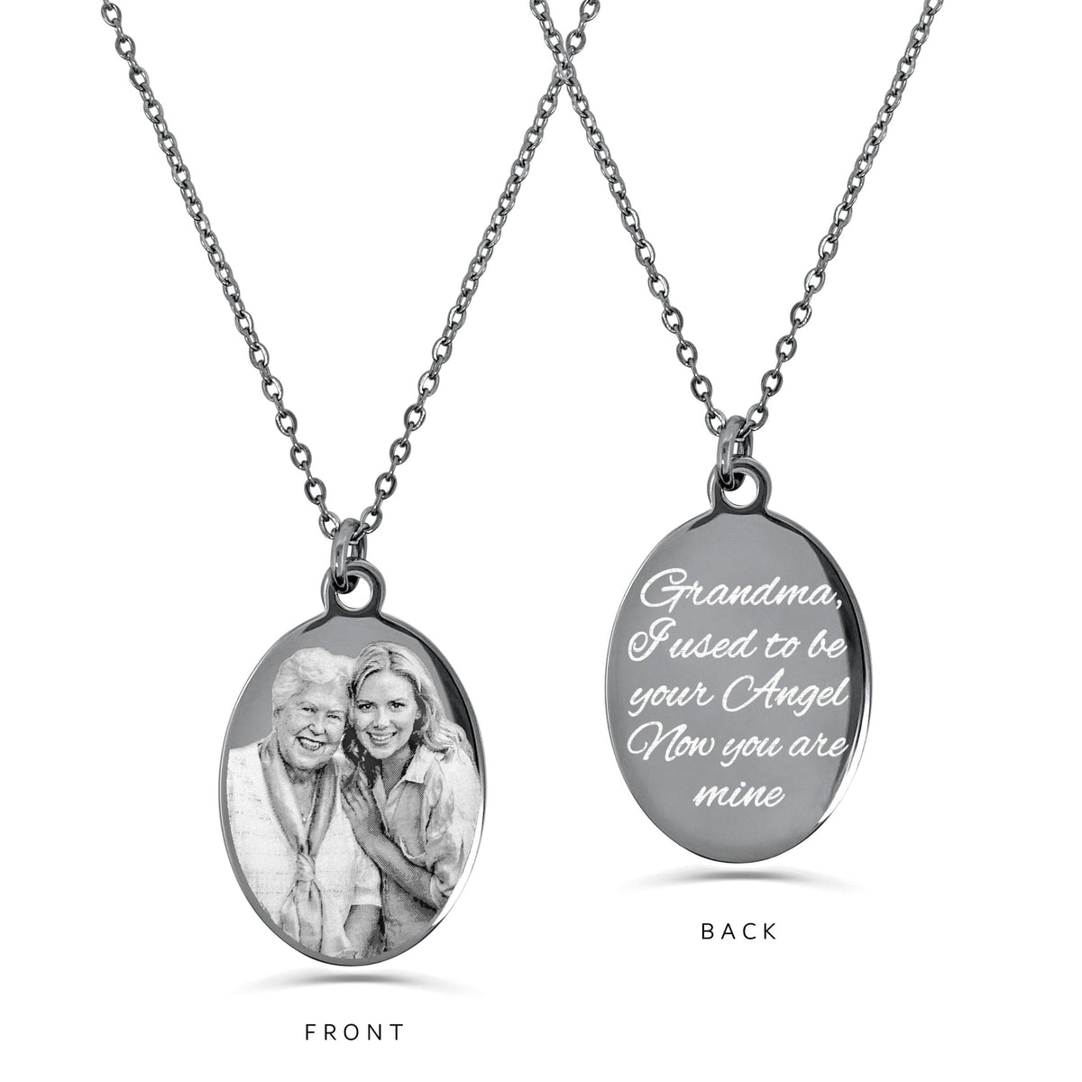 Personalized Grandma photo oval necklace with grandmother and granddaughter portrait on the front and “I used to be your angel, now you’re mine” on the back