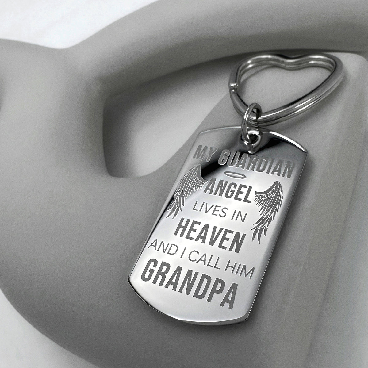 Grandpa memorial dog tag keychain with heart-shaped keyring engraved “My Guardian Angel lives in heaven and I call him Grandpa”