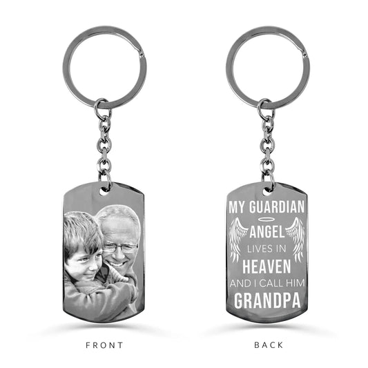 Personalized Grandpa memorial dog tag keychain with custom portrait on the front and Guardian Angel message on the back
