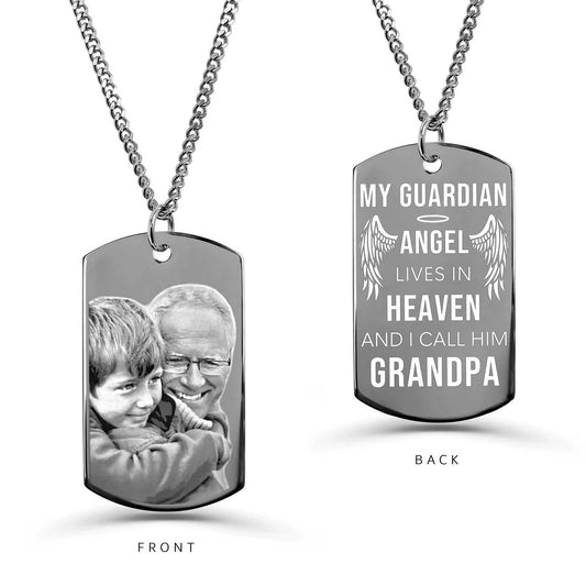 Personalized Grandpa memorial dog tag necklace with custom photo and “My Guardian Angel lives in heaven and I call him Grandpa” engraving