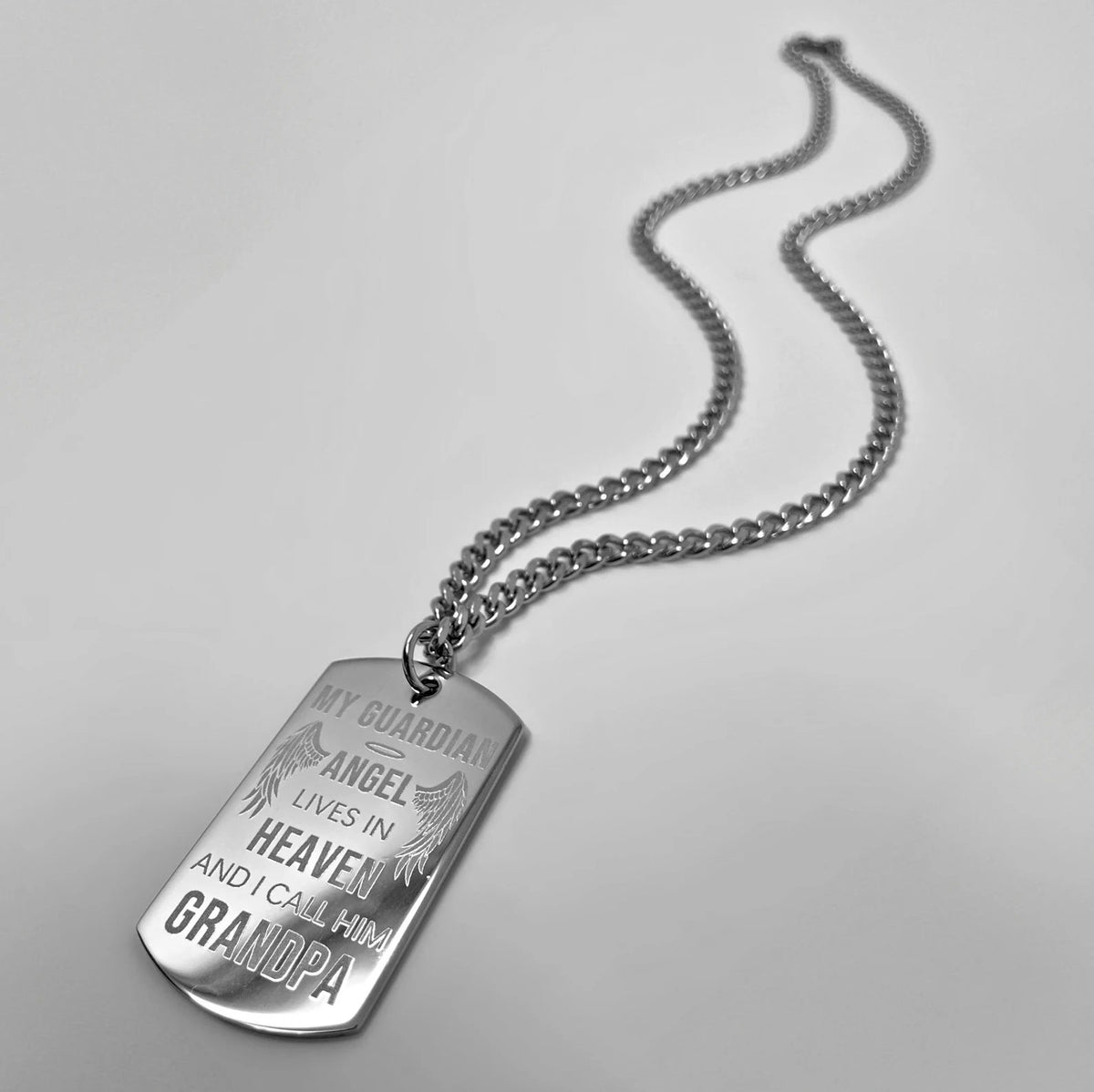 Grandpa Guardian Angel dog tag necklace close-up with angel wings memorial message