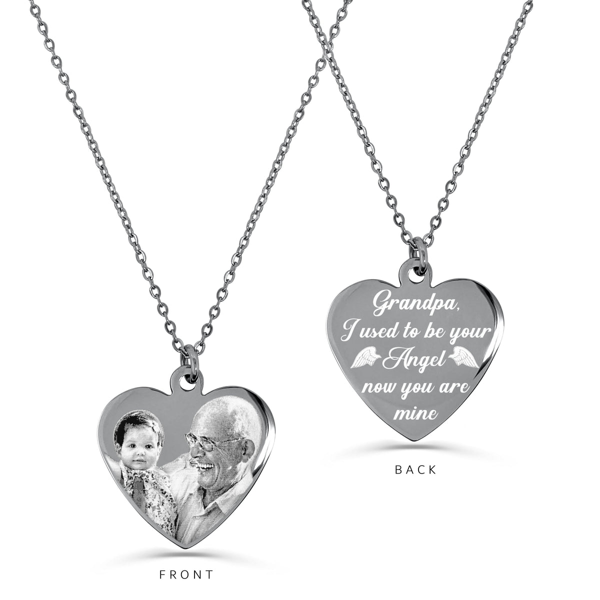 Personalized Grandpa memorial heart necklace with custom photo on the front and “I used to be your angel, now you’re mine” engraved on the back