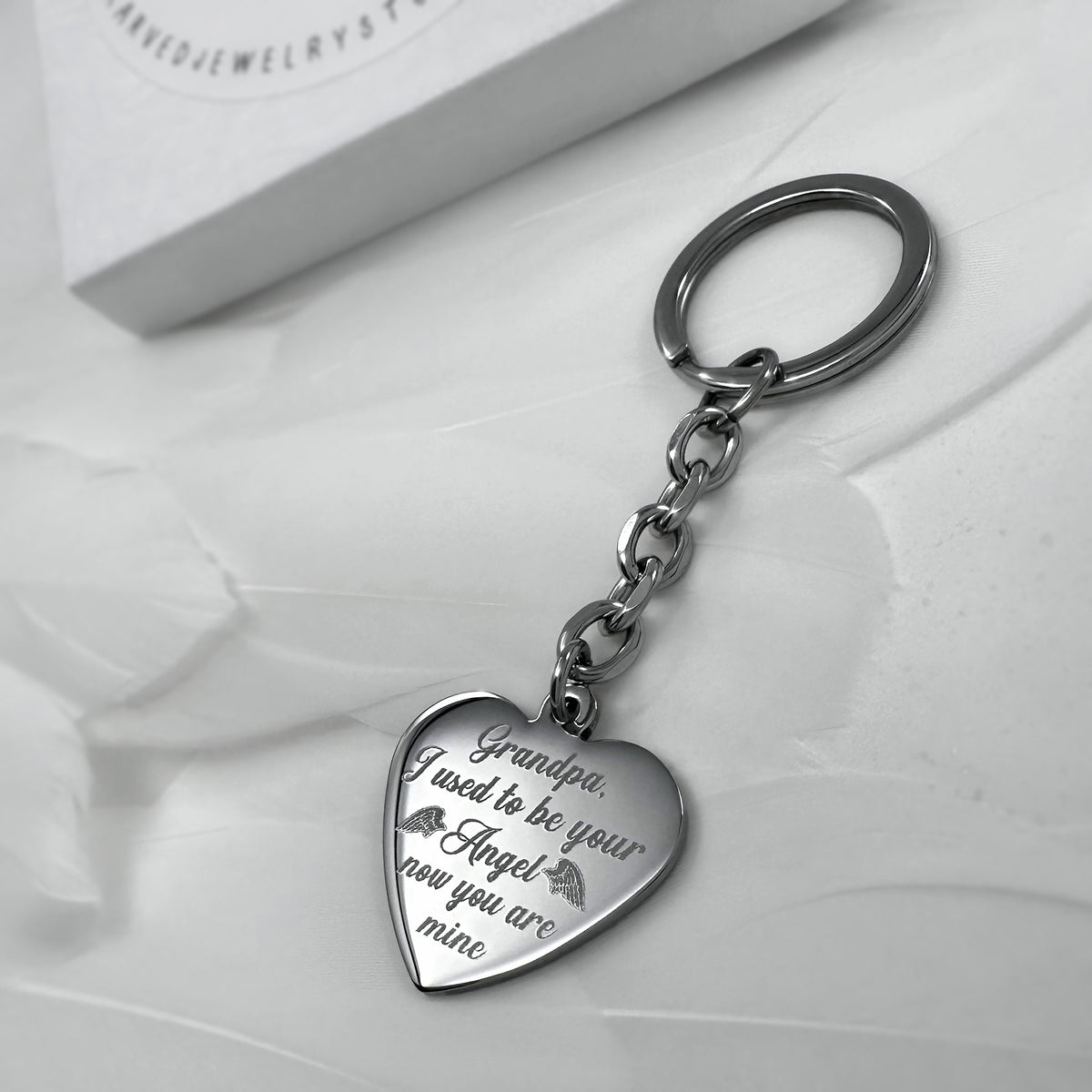 Grandpa memorial heart keychain engraved with a personalized remembrance message "I used to be your Angel, now you are mine" on the back