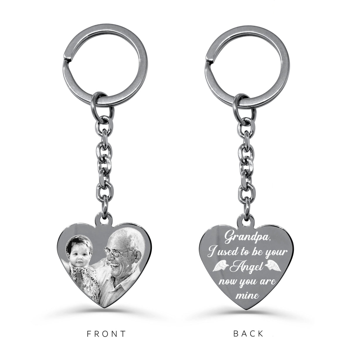 Personalized Grandpa photo heart keychain with custom portrait engraving on the front and memorial message on the back