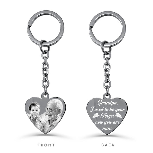 Personalized Grandpa photo heart keychain with custom portrait engraving on the front and memorial message on the back
