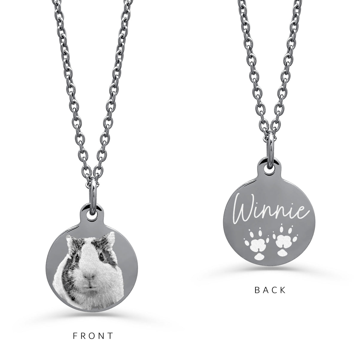 A silver personalized pet portrait round pendant necklace on a white background. The left 'FRONT' view shows a custom engraved guinea pig photo, and the other shows guinea pig paw prints with custom name.