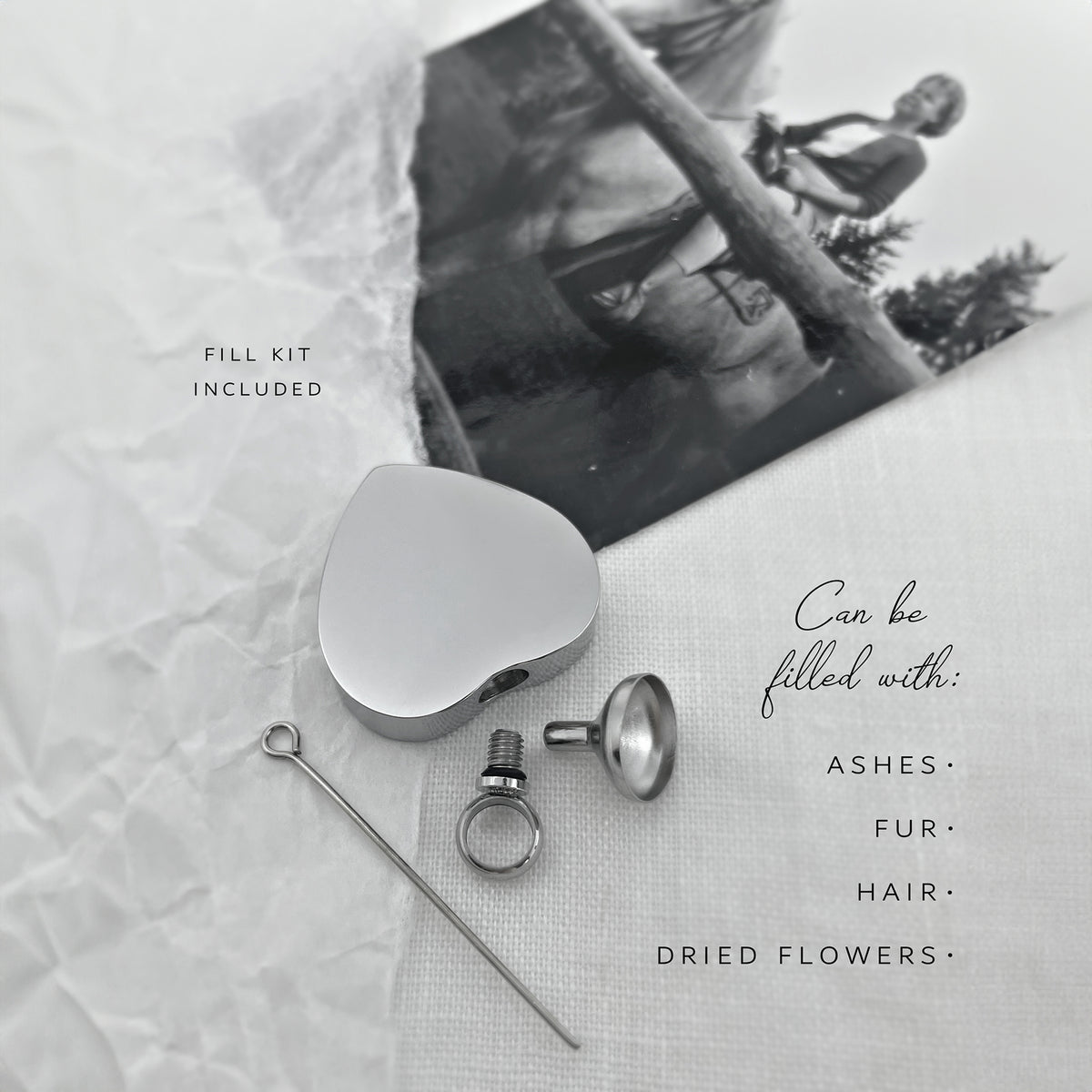 Heart cremation urn necklace fill kit with funnel, pin, heart pendant and dried flower styling