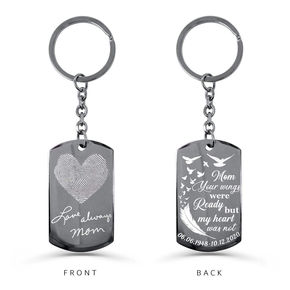 Personalized heart fingerprint dog tag keychain with custom fingerprint, name, and “Mom, your wings were ready but my heart was not” engraving